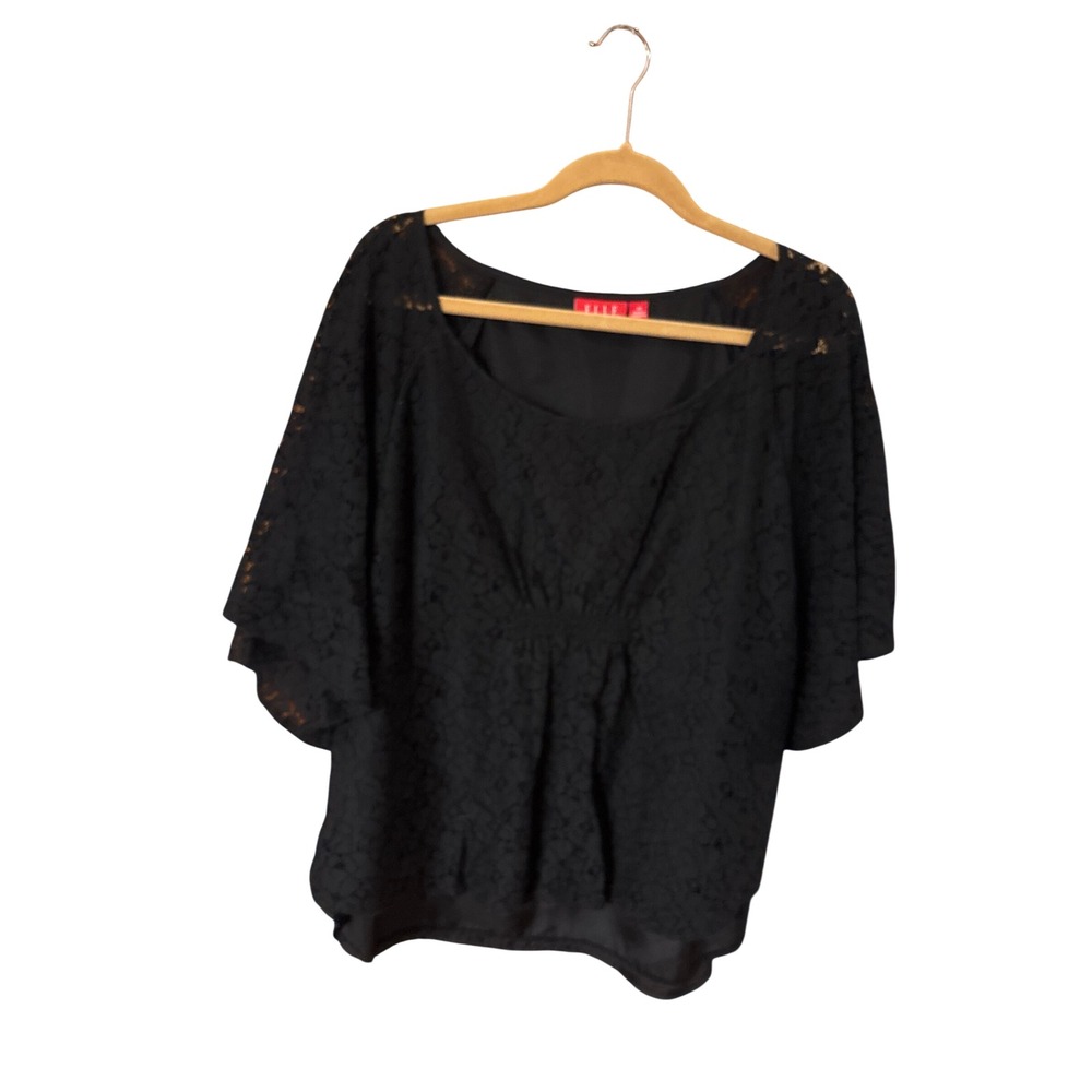 ELLE Women Black Floral Lace Blouse Kimono Sleeve Smocked Waist Top 2X